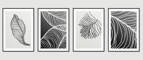 abstrakt vägg konst bakgrund vektor uppsättning. botanisk löv teckning rader kontur med svart och vit svartvit textur. design illustration för Hem dekoration, omslag, affisch, baner, tapet.