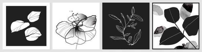 abstrakt vägg konst bakgrund vektor uppsättning. botanisk vattenfärg svart och vit vild blomma och blad gren, svartvit, silhuett textur. design för Hem dekoration, omslag, affisch, baner, tapet.