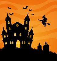 glad halloween banner med hemsökta hus, fladdermöss och häxaflyg vektor