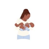 afrikanisch amerikanisch Frau Fütterung Säugling mit Muttermilch. Mutter halten ihr Kind, Wer Säugling Brust. dunkel gehäutet Mama Stillen ihr Neugeborene Baby. Vektor Illustration isoliert auf Weiß Hintergrund