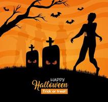 glückliches Halloween-Banner mit Zombiesilhouetten auf dem Friedhof vektor