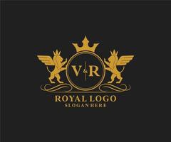 första vr brev lejon kunglig lyx heraldisk, vapen logotyp mall i vektor konst för restaurang, kungligheter, boutique, Kafé, hotell, heraldisk, Smycken, mode och Övrig vektor illustration.