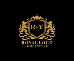 första ry brev lejon kunglig lyx logotyp mall i vektor konst för restaurang, kungligheter, boutique, Kafé, hotell, heraldisk, Smycken, mode och Övrig vektor illustration.