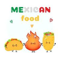 süß glücklich Taco Burrito und Feuer Karte. Vektor Hand gezeichnet Gekritzel Stil Karikatur Charakter Illustration Symbol Design. glücklich Taco Burrito und Feuer freunde Konzept Karte. Mexikaner Essen Karte