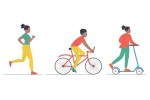 vektor illustration i platt design av afrikansk amerikan människor engagerad i olika sporter. löpning, cykling, cykling. värld hälsa dag. friska livsstil