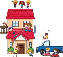 Viele Kinder machen verschiedene Aktivitäten rund ums Haus vektor
