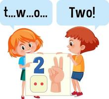 Zeichentrickfigur von zwei Kindern, die die Nummer zwei buchstabieren vektor