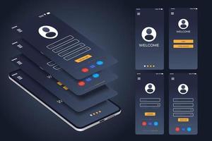 Begrüßungsbildschirm. Login und Registrierung auf dem Bildschirm. Melden Sie sich an und melden Sie sich auf dem Smartphone-Bildschirm an. Anmeldeanwendung mit Passwortformularfenster. Vektorillustration vektor
