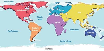 världskarta med kontinentens namn och hav vektor