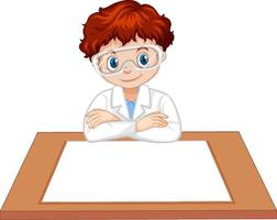 Ein Junge im Wissenschaftlerkleid mit leerem Papier auf dem Tisch vektor
