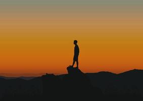 Silhouette von ein Person auf das Felsen beim Sonnenuntergang, Vektor Illustration.