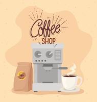 affisch av kafé med kaffebryggare, påse och kopp vektor