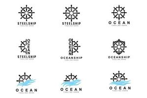 fartyg styrning logotyp, hav ikoner fartyg styrning vektor med hav vågor, segelbåt ankare och rep, företag varumärke segling design