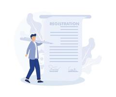 företag registrering service, Start ny affärer, förtroende affärsman innehav penna Framgång tecken, modern platt vektor illustration