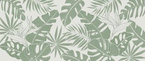 tropisch Blätter Hintergrund Vektor. natürlich Urwald Monstera Palme Blätter Design im minimal blass Grün Farbe mit Kontur Linie Kunst Stil. Design zum Stoff, drucken, Abdeckung, Banner, Dekoration, Hintergrund. vektor