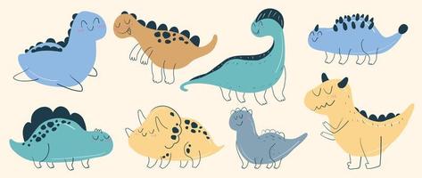 süß Dinosaurier Vektor Satz. Hand gezeichnet Gekritzel Triceratops, Stegosaurus, Tyrannosaurus, Diplodocus, Anylosaurus. Dinosaurier Comic Charakter Design zum Kinder, drucken, Tuch, Poster, Ausbildung, Bildung.