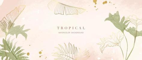 tropisk lövverk vattenfärg bakgrund vektor. sommar botanisk design med guld linje konst, monstera, handflatan, vattenfärg textur. lyx tropisk djungel illustration för baner, affisch och tapet. vektor
