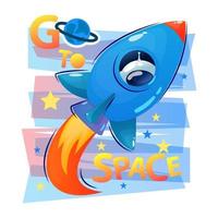Raumschiff fliegen im Cartoon-Stil mit Feuer und Kosmonauten oder Astronauten im Fenster. Slogan. in den Weltraum gehen. Vektorikone für Webdesign lokalisiert auf weißem Hintergrund vektor