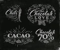 Schokolade Etiketten Sammlung im Jahrgang Stil Beschriftung Schokolade Liebe, Chili, Kakao, 70 Zeichnung auf schwarz Aquarell Hintergrund vektor