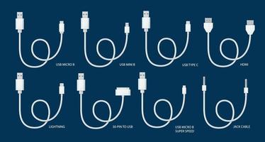 USB-Kabel eingestellt. Stecker Typ A, B und Typ C, Mini, Micro, Lightning, HDMI, 30-polig, Buchse. weiße Kabelanschlüsse des Universalcomputers. Vektorillustration im Karikaturstil. vektor