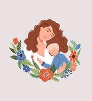 glücklich Mutter Tag. Mutter halten Baby umgeben durch Blumen. Vektor Konzept Illustration