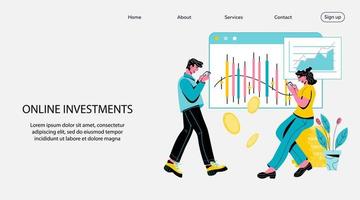 online Investitionen Webseite oder Landung Seite Attrappe, Lehrmodell, Simulation mit Menschen investieren Geld im Lager mit Smartphone und bekommen Einkommen. Internet online Bedienung zum Geld investieren, Karikatur Vektor Illustration.