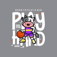 Lycklig söt ko spelar basketboll t-shirt design vektor