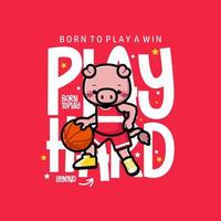 glücklich süß Schwein spielen Basketball T-Shirt Design vektor