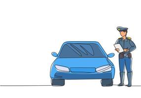 Ein einziger durchgehender Strichzeichnungspolizist mit Uniform stellt einem Fahrer ein Ticket aus, der ein Auto benutzt, um Verkehrszeichen zu verletzen. Vorschriften müssen durchgesetzt werden. eine Linie zeichnen Grafikdesign-Vektor-Illustration. vektor