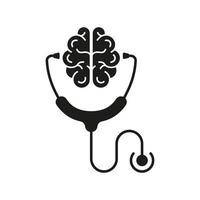 Mensch Gehirn und Stethoskop mental Gesundheit Konzept Silhouette Symbol. Mensch Gehirn Gesundheit Pflege Symbol. Psychologie, Neurologie Wissenschaft Glyphe Piktogramm. isoliert Vektor Illustration.