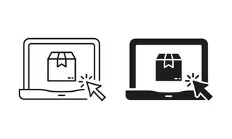 digital marknadsföra service handla låda i enhet silhuett och linje piktogram uppsättning. uppkopplad affär i dator. bärbar dator och paket e-handel begrepp tecken. redigerbar stroke. isolerat vektor illustration.