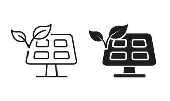 sol- panel symbol samling på vit bakgrund. förnybar elektricitet energi linje och silhuett ikon uppsättning. ekologi solljus elektrisk kraft för hus piktogram. isolerat vektor illustration.