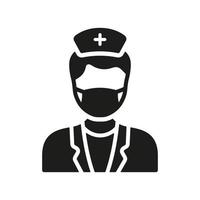 Klinik Mitarbeiter im Gesicht Maske Silhouette Symbol. Arzt Mann beim Arbeit Glyphe Piktogramm. Kinderarzt, Dental der Chirurg, Kieferorthopäde unterzeichnen. Fachmann Medizin Symbol. Dental Arzt. isoliert Vektor Illustration.