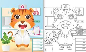 Malbuch für Kinder mit einer niedlichen Tigerkrankenschwester-Charakterillustration vektor