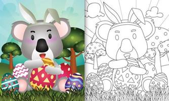 målarbok för påsk med barn tema med en söt koala med kaninöron pannband som kramar ägg vektor