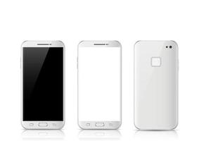 modernes weißes Touchscreen-Handy, Tablet-Smartphone isoliert auf hellem Hintergrund. Telefon Vorder- und Rückseite isoliert. vektor