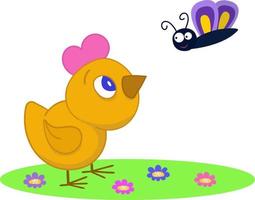 Vektor Bild von ein Gelb wenig Hähnchen und ein lila Schmetterling. Vektor Karikatur Illustration isoliert auf ein Weiß Hintergrund