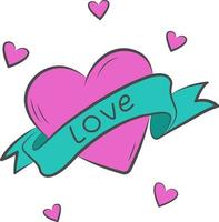 rosa hjärta och band med de inskrift kärlek. vektor platt illustration. en romantisk symbol och en symbol av kärlek. ritad för hand design för hjärtans dag.