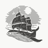Illustration Wal und Schiff, Skizze. Premium-Vektor