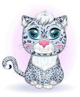 tecknad serie snö leopard med uttrycksfull ögon. vild djur, karaktär, barnslig söt stil. vektor