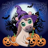 söt åsna i lila häxa hatt, med kvast, pumpa, trolldryck. halloween kort för de Semester. vektor