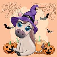 süß Esel im lila Hexe Hut, mit Besen, Kürbis, Trank. Halloween Karte zum das Urlaub. vektor