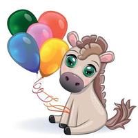 süßes karikaturpferd, pony für karte mit blumen, luftballons, herz vektor