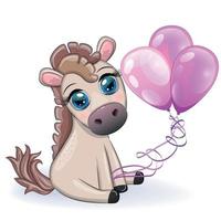 süßes karikaturpferd, pony für karte mit blumen, luftballons, herz vektor