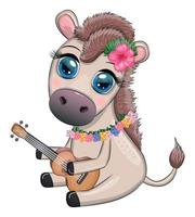 en söt åsna i en blomma krans med en gitarr, en hula dansare från hawaii. sommar kort för de festival, resa baner vektor