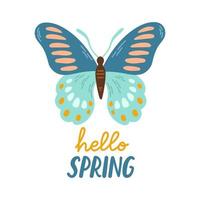 Hallo Frühling Hand gezeichnet eben Vektor Illustration. Beschriftung Frühling Jahreszeit mit Schmetterling zum Gruß Karte