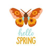 Hallo Frühling Hand gezeichnet eben Vektor Illustration. Beschriftung Frühling Jahreszeit mit Schmetterling zum Gruß Karte