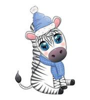 söt zebra i en hatt och scarf, vinter. vilda djur och växter högtider tecknad serie karaktär vektor