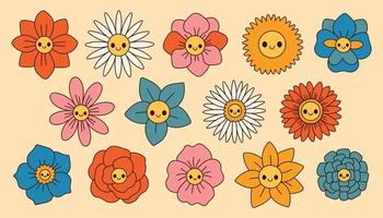 groovig Blumen Satz. retro 70er Jahre lächelnd Gesicht Blumen Grafik Elemente isoliert Sammlung. retro Jahrgang Blumen vektor