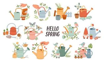 Frühling Stimmung einstellen Vorlage. herzlich willkommen Frühling Jahreszeit Einladung. minimalistisch Postkarten mit Blätter, Bewässerung dürfen. vektor